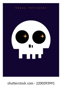 Halloween postcard or poster template. Cartoon skull on dark blue background. Vector flat character. Happy Halloween concept.