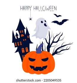 halloween postcard with pumpkin, castle, dry wood and flying ghost