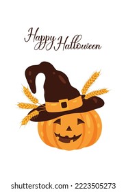 Halloween postcard with pumpkin in hat and wheat ears. Vector illustration isolated on white background, cartoon style