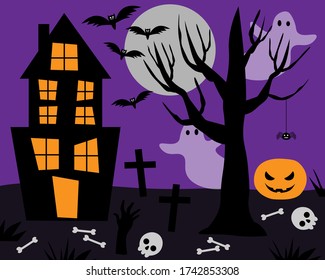 
Halloween postcard pumpkin, witch hat, bat, spider, cross, skull, ghost vector illustration
