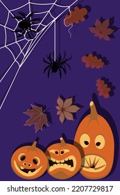 Halloween-Postkarte mit Kürbis, Blättern, Web und Spinne