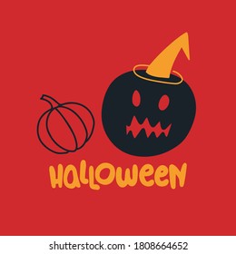 Halloween postcard. Pumpkins and lettering HALLOWEEN on a red background.