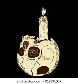Halloween postcard. Scary upside-down skull with teeth and no lower jaw with the punched head inserted into it with a candle. All isolated.