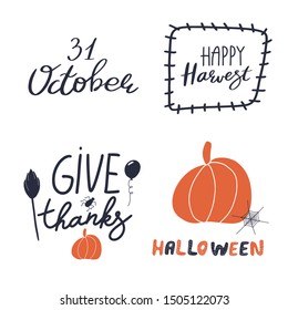 Halloween postcard set. Decorative colorful orange pumpkin. Handwritten calligraphy inscription. Hand drawn vector autumn illustration. Holiday background. Horror. Lettering.