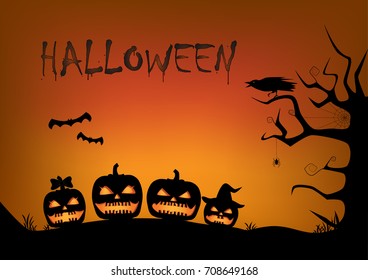 Halloween postcard. silhouettes of a family of pumpkins, tree, crow, owl, witch, bats, spider and cobweb against the background of the orange sky, horizontal