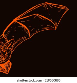 Halloween postcard. Sketch half of hand-drawn bat wing orange on a black background. All isolated.