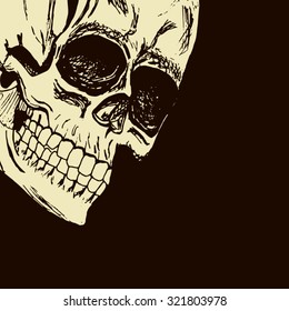 Halloween postcard. Smiling skull peeking out of the darkness. All isolated.
