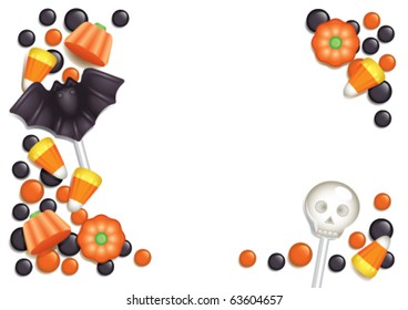 Halloween-Postkarte mit Süßigkeiten, die einen Rahmen für jeden Text darstellt