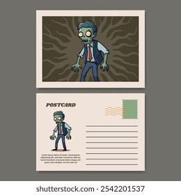 Halloween Postcard Template Design com uma ilustração zumbi divertida e assustadora