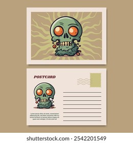 Modelo de cartão postal de Halloween Design com uma ilustração de crânio zumbi divertido e assustador