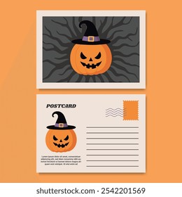 Diseño de Plantilla de postal de Halloween con una divertida y espeluznante ilustración de calabaza Jack-O'-Lantern