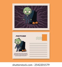 Halloween Postcard Template Design com uma ilustração zumbi divertida e assustadora