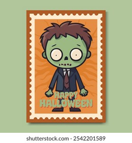 Halloween Postcard Template Design featuring a fun and spooky zombie illustration