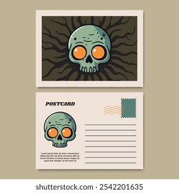 Halloween Postcard Template Design featuring a fun and spooky zombie skull illustration