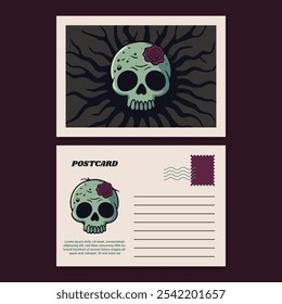 Modelo de cartão postal de Halloween Design com uma ilustração de crânio zumbi divertido e assustador