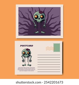 Halloween Postcard Template Design featuring a fun and spooky zombie monster illustration