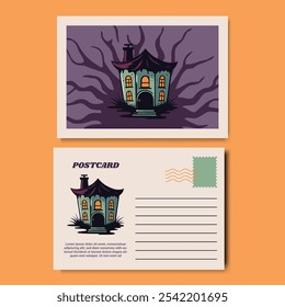 Halloween Postcard Template Design featuring a fun and spooky haunted house illustration