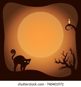 Halloween postcard template with leafless trees, glowing candle and scared cat. Vector illustration with yellow moon on background