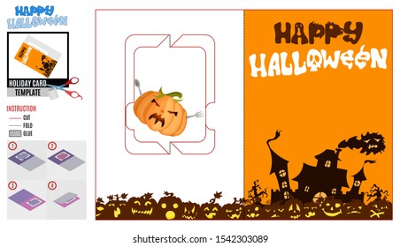 halloween postcard template. mansion ghost and pumpkin