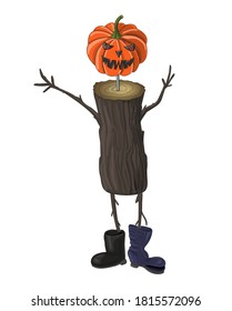 Halloween. Postcard. There is a log in boots, a pumpkin head on it, a scarecrow scares. The drawing is isolated on a white background. vector illustration.