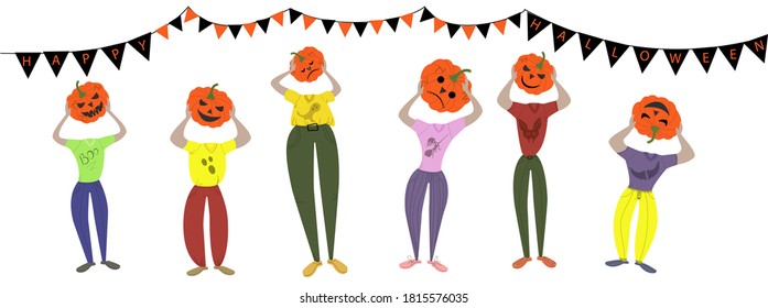 Halloween. Postcard. There are people without heads, holding a pumpkin head in their hands, the T-shirt says - Boo. Drawing isolated on white background. vector illustration.