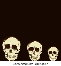 Halloween postcard. Three hand-drawn cunning smiling white skull in the dark.All isolated.
