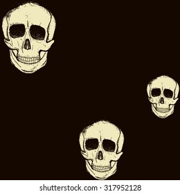 Halloween postcard. Three hand-drawn fun Halloween Bouncing skulls of different sizes. All isolated.