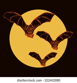 Halloween postcard. Three spooky flying bats with outspread wings against the yellow moon. All isolated.