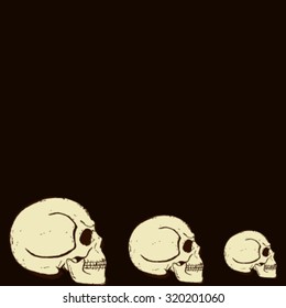 Halloween postcard. Three white diminishing hand-drawn skull in profile on a black background. Skull isolated.