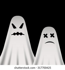 Halloween postcard. Two ghosts in white sheets with an evil smiley face on a family photo on a dark background. All isolated.