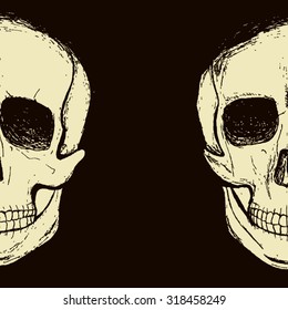 Halloween postcard. The two hand-drawn halves slyly smiling skull on both sides of the postcard. All isolated.