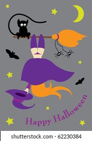 Halloween postcard with the witch hangs head first on a broom.