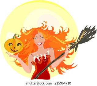 Halloween postcard with witch and pumpkin
