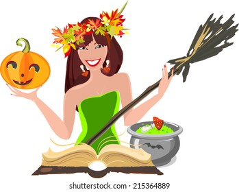 Halloween postcard with witch, pumpkin and old book