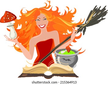 Halloween postcard with witch, pumpkin and old book
