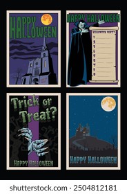 Halloween Postcards. Happy Halloween Greeting Cards. Haunted Mansion, Church, Vampire, Cemetery with Graves, Dry Trees, Full Moon Night Scene. Vintage Spooky Illustration for Halloween Party, Events