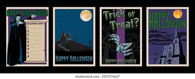 Halloween Postcards. Happy Halloween Greeting Cards. Haunted Mansion, Church, Vampire, Cemetery with Graves, Dry Trees, Full Moon Night Scene. Vintage Spooky Illustration for Halloween Party, Events