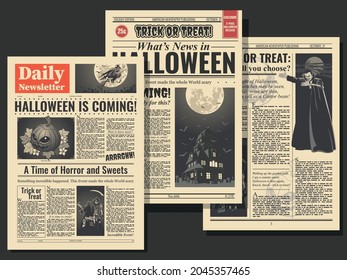 Halloween Postcards Old Newspaper Pages Style Illustrations