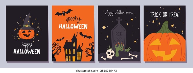 Halloween postcards set. Collection of Halloween holiday greeting cards. Flat vector illustration