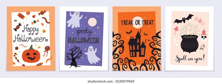 Halloween postcards set. Collection of various Halloween holiday greeting cards. Flat vector illustration