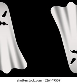 Halloween postcard-shifter with two ghosts in the form of white floating in the dark ghosts with scary faces, one of which is turned upside down. All isolated.