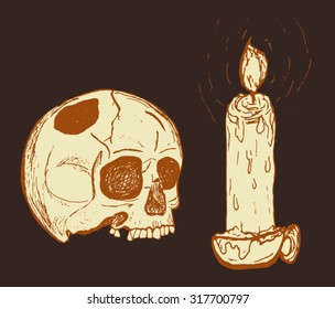 Halloween postcard.White skull with a wax candle. All isolated.