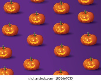 Halloween poster 2020. Pumpkin lantern Jack - a symbol of the holiday All Saints Day. Orange pumpkins stand in a row on a purple background. Postcard design element. Vector