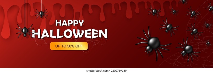 Halloween Poster With 3d Black Spooky Spiders. Cartoon Red Banner With Flowing Blood, Bugs And Spiderweb. Vector Discount Background, Panoramic Wallpaper, Horror Backdrop With Sale Offer