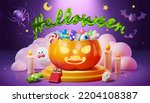 Halloween poster. 3d illustrated jack o lantern pumpkin filled with candies on a podium. Spooky halloween decoration scene setting with slimy font on top.