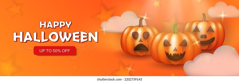 Halloween poster with 3d orange  spooky carved pumpkins. Cartoon banner with Jack-o-lanters, stars and clouds. Panoramic vector background, wallpaper, backdrop with sale offer for holiday 