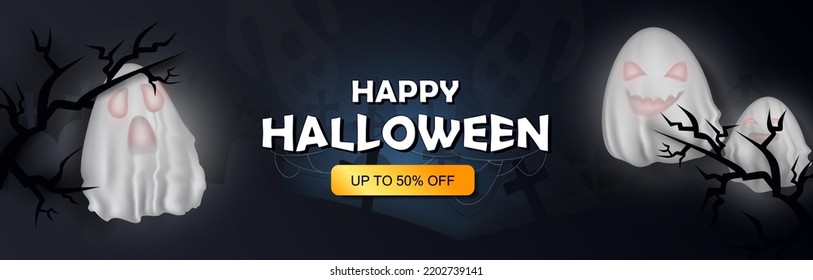 Halloween poster with 3d tricky ghosts, tree branches and graveyard. Cartoon dark banner with scary phantoms  with sale offer. Spooky vector discount background, promo wallpaper, backdrop for holiday 