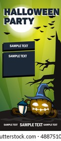 Halloween poster 99x210mm. Scary background. Pumpkin in a hat with the lamp. Green background