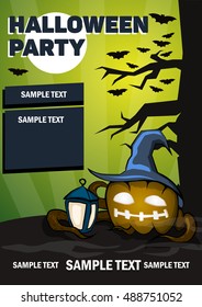 Halloween poster A4. Scary background. Pumpkin in a hat with the lamp. Green background