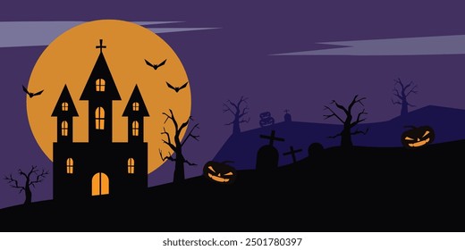 halloween poster abstract, background castle, tree and creepy pumpkins of spooky halloween haunted mansion